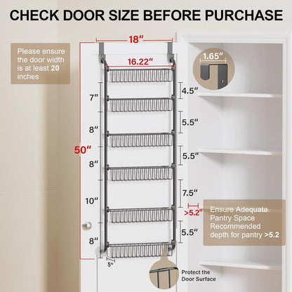over the Door Pantry Organizer, 6-Tier Metal Pantry Door Organization and Storage, Hanging Kitchen Basket Spice Rack Seasoning Shelves, Cabinet Door Organizer for Easy Install,D5Xw18Xh50Inch2