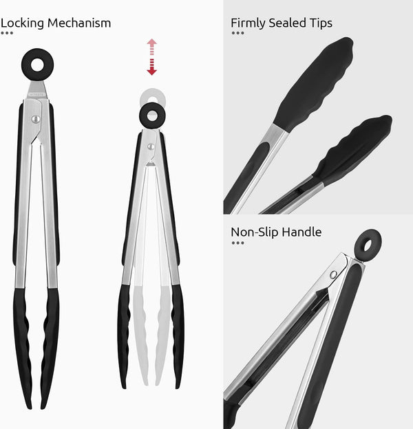 Kitchen Tong for Cooking, 600ºf Heat-Resistant Silicone, 9In/Black6