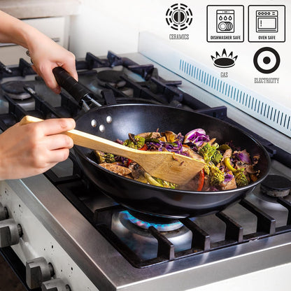 5 Pcs Carbon Wok Set, Carbon Steel Wok Pan 12 Inch Woks and Stir Fry Pans, Chinese Wok for Electric, Induction & Gas Stove with Glass Lid, Wok Spatula, Chopping Board & Paring Knife6