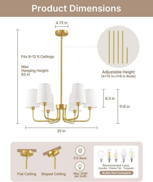 6-Light Gold Chandelier for Dining Room, No Assembly Modern Chandelier Light Fixture with White Linen Shades, UL Listed 25" Farmhouse Brass Dining Room Light Fixture Bedroom Entryway Foyer5