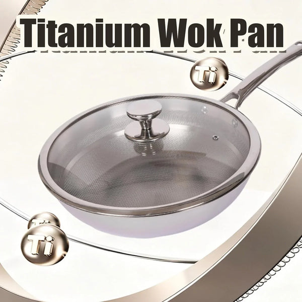 Titanium Hammered Wok with Lid, Pure, No Coating Non-Stick Titanium Pans for Cooking, Flat Bottom Wok, Ultra-Durable, Scratch-Resistant, Compatible with All Cooktops,12.6In2