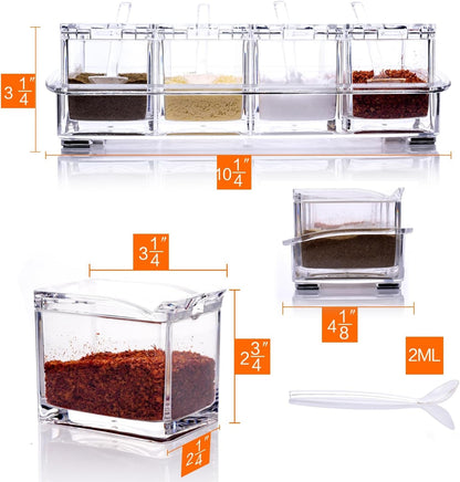 Clear Seasoning Rack Spice Pots - 4 Piece Acrylic Seasoning Box - Storage Container Condiment Jars - Cruet with Cover and Spoon3