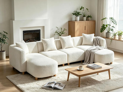 113" U-Shaped Sectional Sofa with 4 Pillows, 4-Seater, Boucle White1