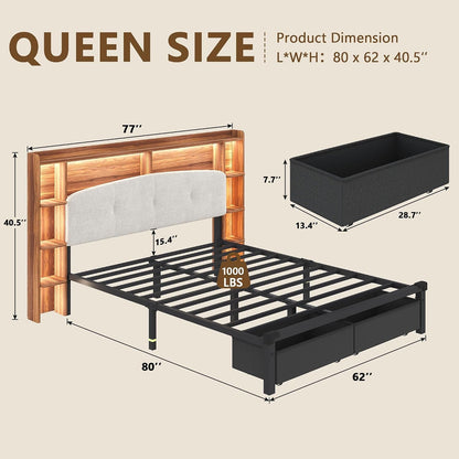 Queen Size Bed Frame with Storage & Upholstered Headboard, 2 Fabric Drawers, Charging Station & RGB LED Lights, Metal Platform Bed, No Box Spring Needed, Rustic Brown2
