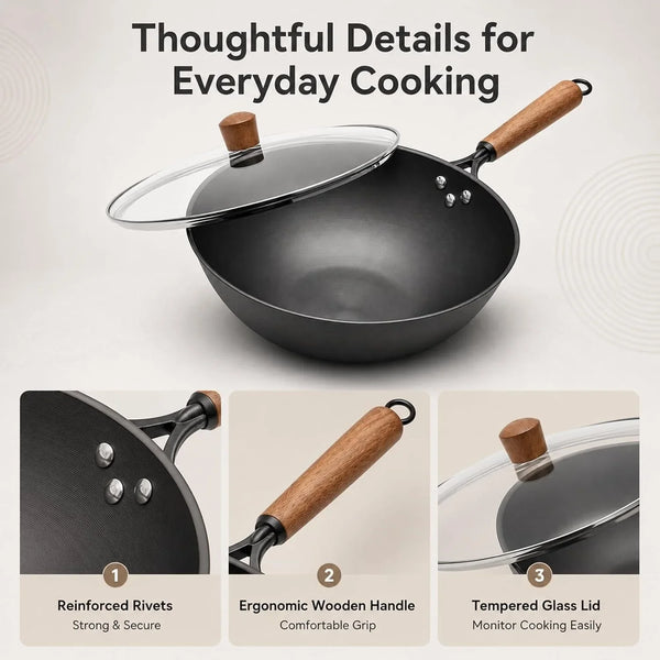 Carbon Steel Wok with Glass Lid, 12.6 Inch Flat Bottom Stir Fry Pan, Rolled Edge Spun Wok Pan, Coating-Free Wok for Induction, Gas & Electric Cooktops, 3–4 Servings9