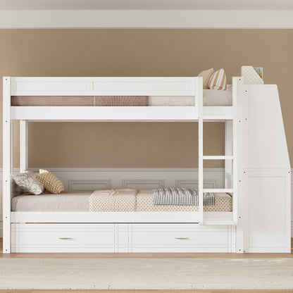 Bunk Bed Full over Full with Trundle,Desk and Bookshelve, White4