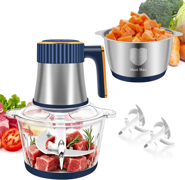 Food Processor, 5 Speed Meat Grinder with 2 Bowls(8 Cup+8 Cup), Blue | 4 Bi-Level Blades Electric Food Chopper, Mini Kitchen Cutter for Vegetable Onion Garlic Meat1