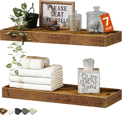 Bathroom Floating Shelves for Wall - 15.7" Wall Mounted Shelf over Toilet Farmhouse Home Decor Display Bookshelf Small 15.7 X 6.7 Inch Set of 2, Rustic Brown (008-40BN)1