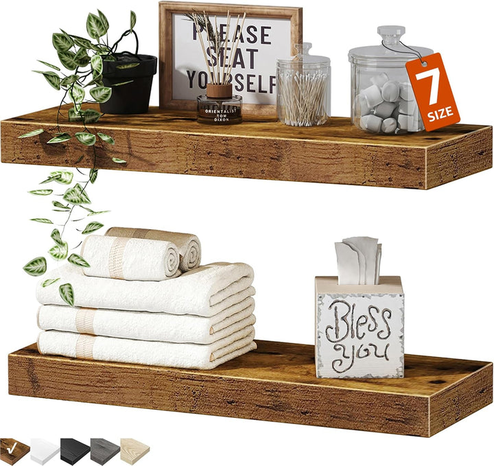Bathroom Floating Shelves for Wall - 15.7" Wall Mounted Shelf over Toilet Farmhouse Home Decor Display Bookshelf Small 15.7 X 6.7 Inch Set of 2, Rustic Brown (008-40BN)