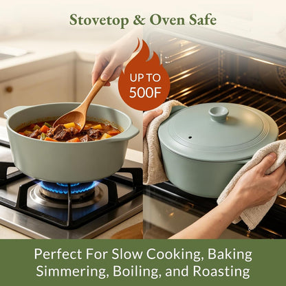 4.5 Quart Slow Cooker, 8-In-1 Casserole Programmable round Multi-Cooker, Non-Toxic Clay Pot Slow Cooker for Rice, Pasta, Steam & Proof, Oven Safe Pot to 500°F, Olive7