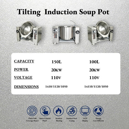 200L Commercial Tilting Induction Skillet, 25KW High Power Stir Fry Wok, 800Mm Diameter 420Mm Depth, Full Stainless Steel & Cast Iron, Heavy Duty for Restaurant Central Kitchen Food Processing6