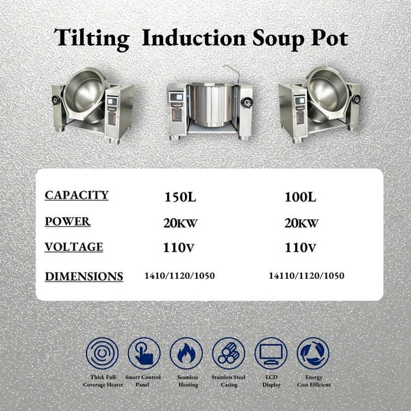200L Commercial Tilting Induction Skillet, 25KW High Power Stir Fry Wok, 800Mm Diameter 420Mm Depth, Full Stainless Steel & Cast Iron, Heavy Duty for Restaurant Central Kitchen Food Processing6