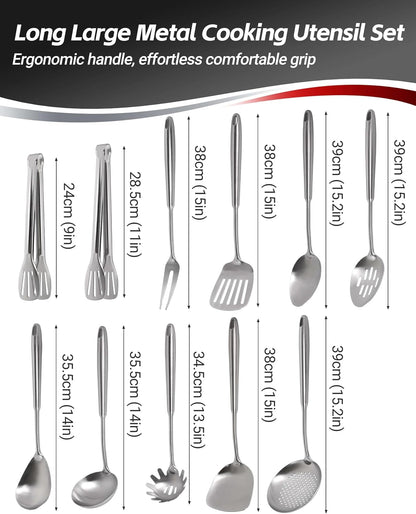 304 Stainless Steel Kitchen Utensils Set, 11PCS All Metal Cooking Tools Set with Tongs, Turner, Ladle, Skimmer & Serving Spoon, 15" Long Handle Dishwasher Safe Kitchen Utensil Starter Set2