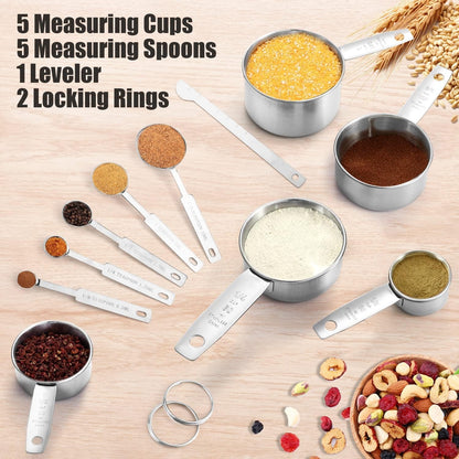 11 PCS Stainless Steel Measuring Cups Spoons Set, 5 Nesting Cups and 5 Stackable Spoons with 1 Leveler Measuring Tools Set for Dry Liquid Ingredients Cooking Baking6