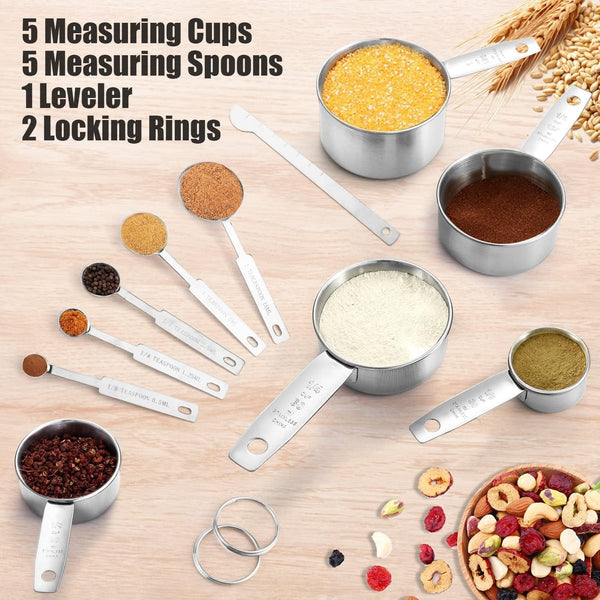 11 PCS Stainless Steel Measuring Cups Spoons Set, 5 Nesting Cups and 5 Stackable Spoons with 1 Leveler Measuring Tools Set for Dry Liquid Ingredients Cooking Baking6
