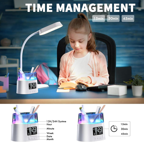 Led Desk Lamp with Pen Holder, Touch Lamps for Nightstand with 3 Color Modes, Eye-Caring Bedside Reading Light with Clock, Office Lamps Stepless Dimming, Lamp for Dorm Room, Suitable for Kid/Girl/Boy4