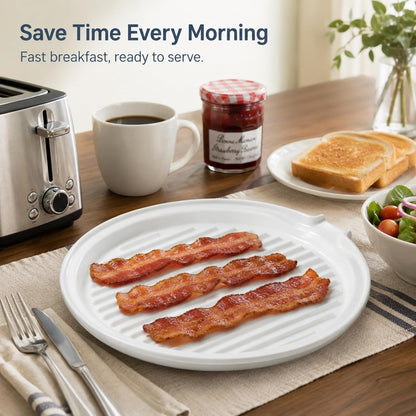 Microwave Bacon Tray with Lid Ceramic Bacon Cooker Meat Rack for Oven Cooking Crispy Bacon Maker with Cover - 11 Inch round Bacon Dish Plate, White9