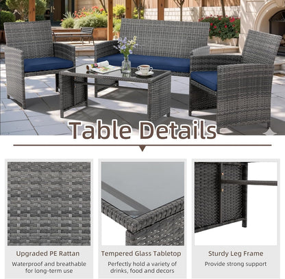 4 Piece Patio Ratten Set Outdoor Furniture Set Wicker Conversation Set with Cushions and Tempered Glass Tabletop,Deep Blue3