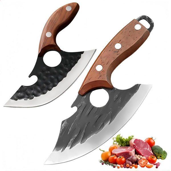 2PCS Hand Forged Viking Boning Knife Set, High Carbon Steel Ulu Knife with Sheath, Viking-Style Cleaver & Pizza Cutter for Meat, Kitchen Knives for Meat Trimming, BBQ, Camping, Fish Filleting1