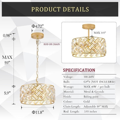 12" Gold Crystal Chandelier, Modern 4-Light Ceiling Light2