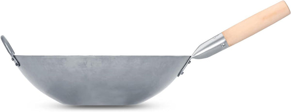 Flat Hand Hammered Carbon Steel Pow Wok with Wooden and Steel Helper Handle (14 Inch, Flat Bottom) / 731W3167
