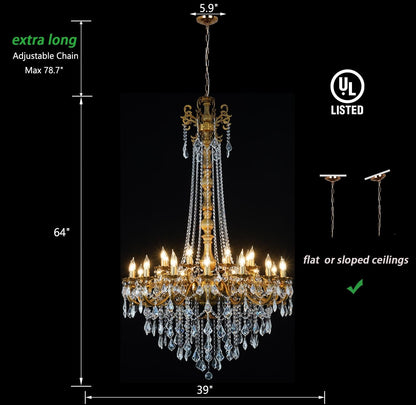 24-Light Antique Gold Crystal Chandelier, Extra Large Luxury Candle Chandelier Lighting Fixture for High Ceiling Foyer, Grand Entryway Living Room, Oversized D39 H644