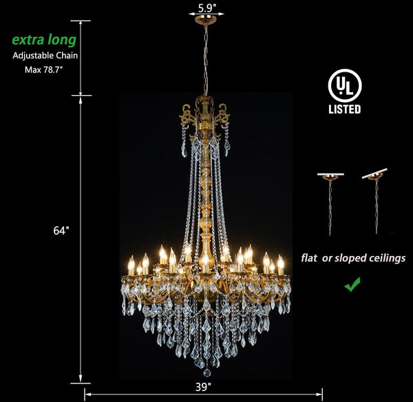 24-Light Antique Gold Crystal Chandelier, Extra Large Luxury Candle Chandelier Lighting Fixture for High Ceiling Foyer, Grand Entryway Living Room, Oversized D39 H644