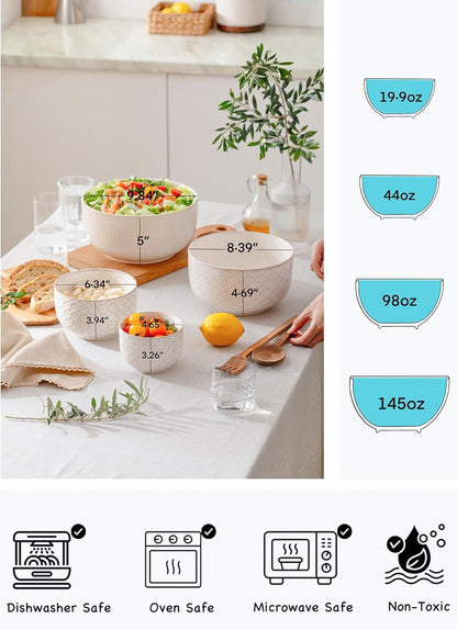 Mikiegy Ceramic Mixing Bowls Set of 4, Nesting Ceramic Embossment Stoneware Mixing Bowls for Cooking, Serving, Popcorn, Salad Etc, Microwave & Dishwasher Safe, 20/44/98/145 Oz, Off-White4