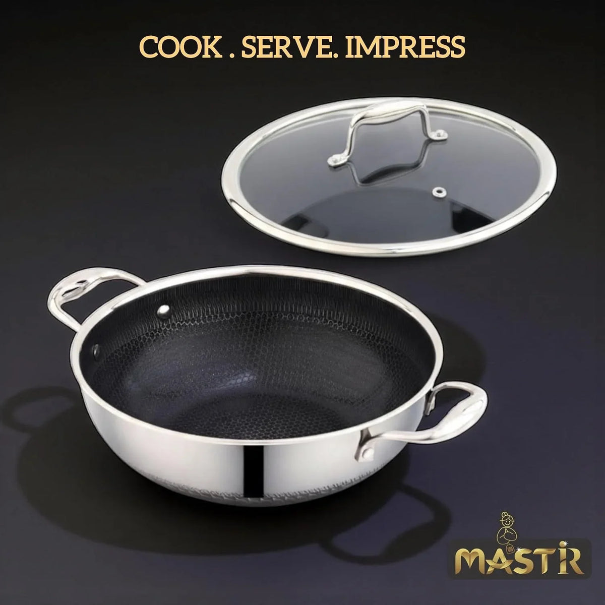 stainless-steel-wok-32-cm-6-5-l-with-glass-lid-kadai-with-two-ear-handles-hybrid-honeycomb-nonstick-pfoa-free-eu-approved-stay-cool-handles-induction-oven-dishwasher-safe-cookware