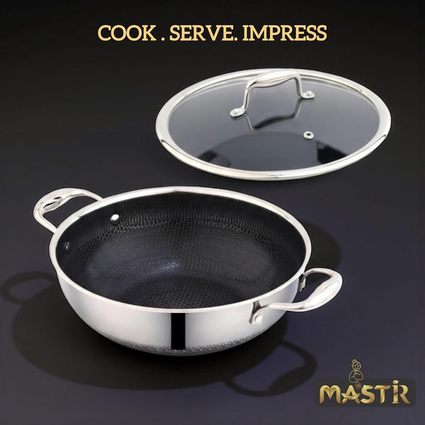 Stainless Steel Wok 32 Cm/6.5 L with Glass Lid – Kadai with Two Ear Handles – Hybrid Honeycomb Nonstick, Pfoa-Free, EU Approved – Stay-Cool Handles – Induction, Oven & Dishwasher Safe Cookware4