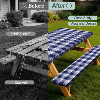 Picnic Table Cover with Bench Covers Camping Essentials Waterproof Windproof Camping Tablecloth with Drawstring Bag, Fitted Rectangle Tables and Seats, 72In, Blue Checkered2
