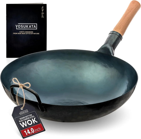 14” Blue Carbon Steel Wok with round Bottom | Blue Pre-Seasoned Pow Wok for Stir Fry, BBQ & Camping – Traditional Chinese Cookware – Gas Stoves & Open Fire Only1