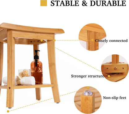 Bamboo Shower Bench inside Shower Stool with Storage Shelf, Spa Bath Chair for Bathroom, Seat or Organizer for Living Room, Bedroom and Garden - Great for All Ages Elderly (Small, Natural)3