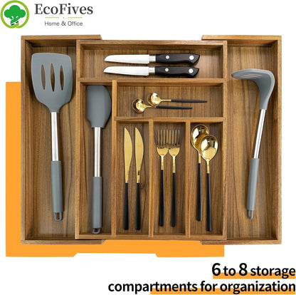 Luxury Acacia Kitchen Drawer Organizer - Silverware Organizer - Utensil Holder and Cutlery Tray with Grooved Drawer Dividers for Flatware and Kitchen Utensils (8 Slot), 17*12.4*2 Inch2
