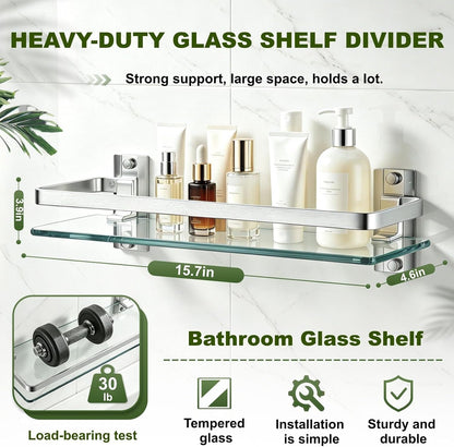 Bathroom Glass Shelf 15.7" Silver Wall-Mounted, Floating Metal Storage Rack2