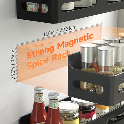 4-Pack Magnetic Spice Rack for Refrigerator with Hooks, Black | Strong Multipurpose Magnetic Shelf for Kitchen & Bathroom Organization. Includes 4 Removable Hooks for Hanging Items.2