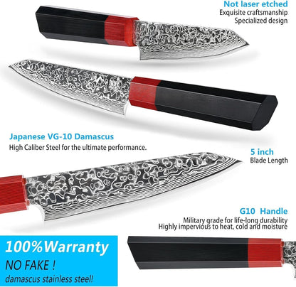 Kiritsuke Chef Knife 5 Inch, Japanese Damascus Knife 67-Layer Steel with G10 Handle - Sharp VG-10 High Carbon Stainless Steel for Home and Kitchen5