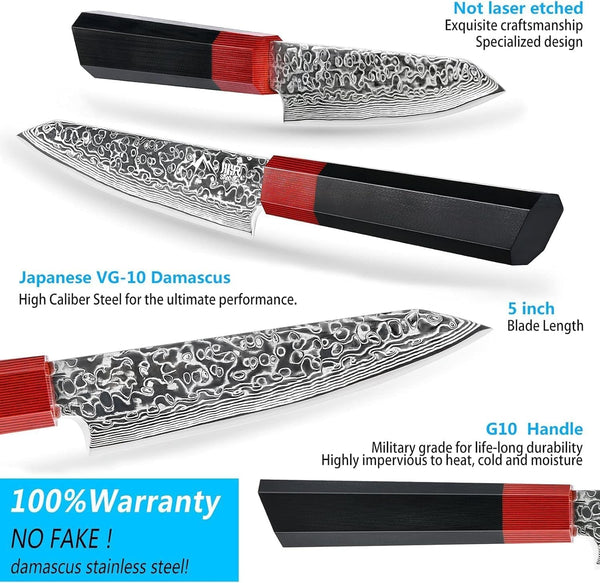 Kiritsuke Chef Knife 5 Inch, Japanese Damascus Knife 67-Layer Steel with G10 Handle - Sharp VG-10 High Carbon Stainless Steel for Home and Kitchen5