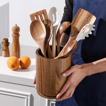 Acacia Wood Utensil Holder, 360° Rotating 7.3 in Kitchen Organizer | Rustic Farmhouse Countertop Decor. Rotating Base for Easy Access to Spatulas, Spoons, and Cooking Utensils. 7.3-Inch Capacity7