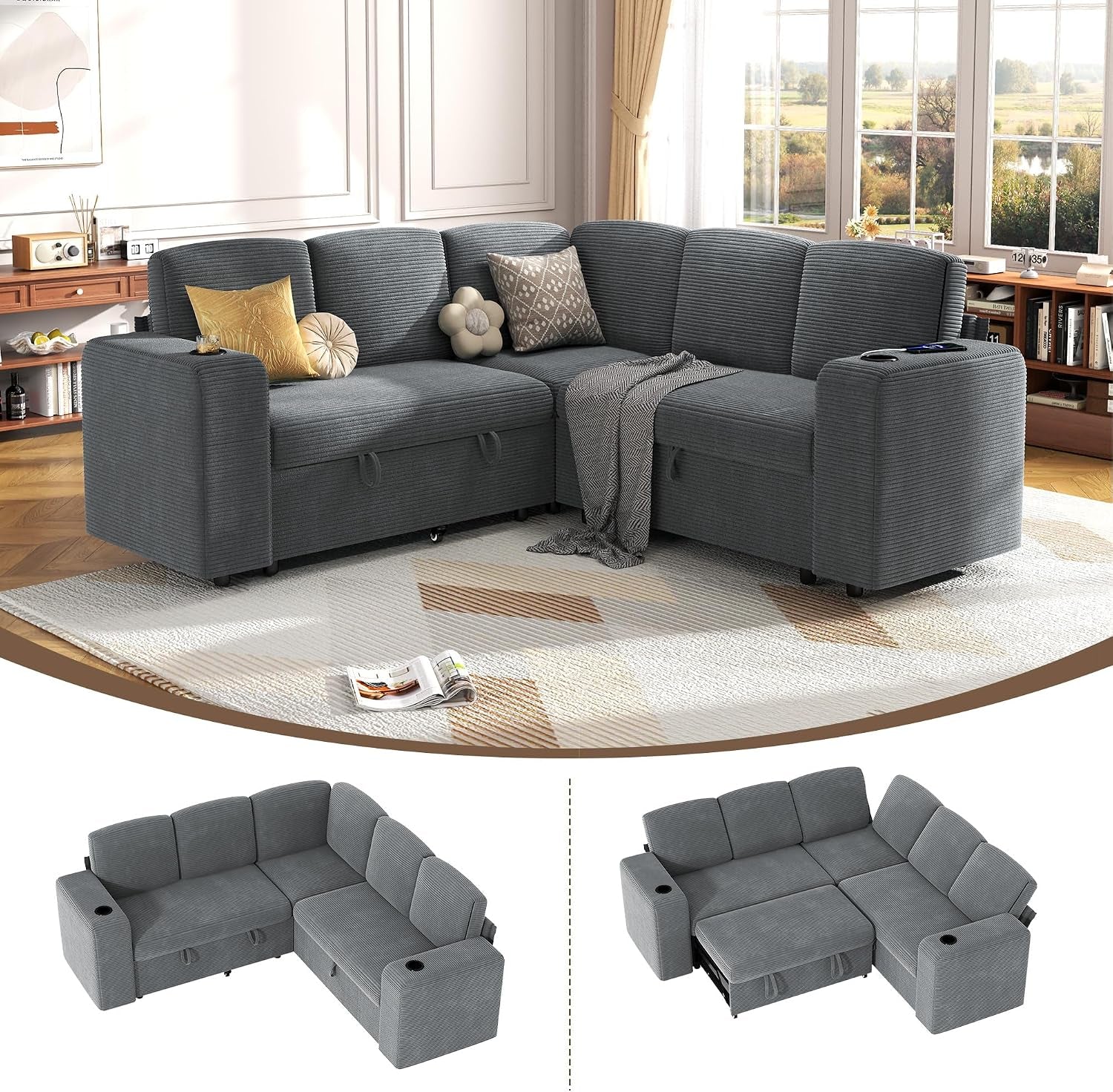sectional-sleeper-sofa-with-pull-out-couch-bed-5-seats-modular-l-shaped-cloud-couch-with-storage-chaise-dual-arm-storage-usb-charging-adjustable-backrest-sofa-grey-corduroy