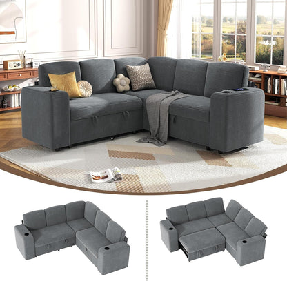 Sectional Sleeper Sofa with Pull Out Couch Bed, 5 Seats Modular L Shaped Cloud Couch with Storage Chaise, Dual Arm Storage & USB Charging, Adjustable Backrest Sofa, Grey Corduroy1