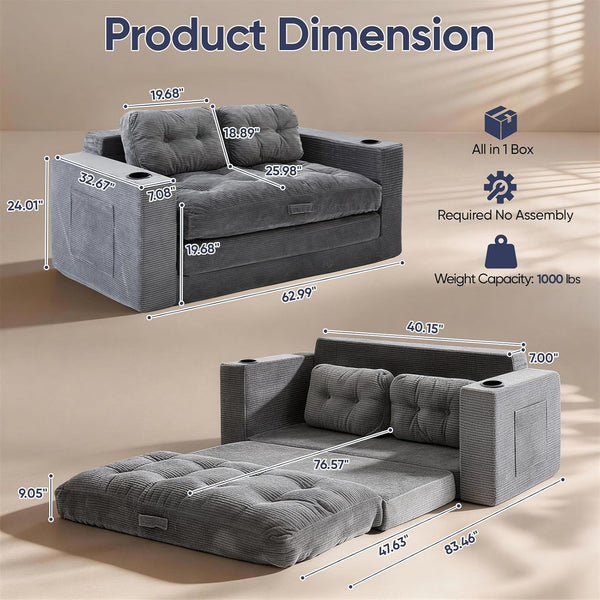 63'' Loveseat Sleeper Sofa Bed, Boneless Convertible Corduroy Pull Out Couch with Cup Holders and 2 Pillows, Space Saving Sofa Bed for Small Spaces, Living Room, Bedroom (Grey)2