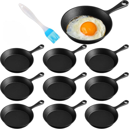10 Sets 4 Inches Cast Iron Skillets Mini Black Iron Nonstick Frying Pan Small Sizzling Plate Egg Pan Cast Pot Bundle with Oil Brush for Indoor and Outdoor Restaurant Kitchen | Small Sizzling Plate Indoor Outdoor Cooking, Egg Pan Bundle with Brush, Individual Serving Dishes for Restaurant Kitchen1