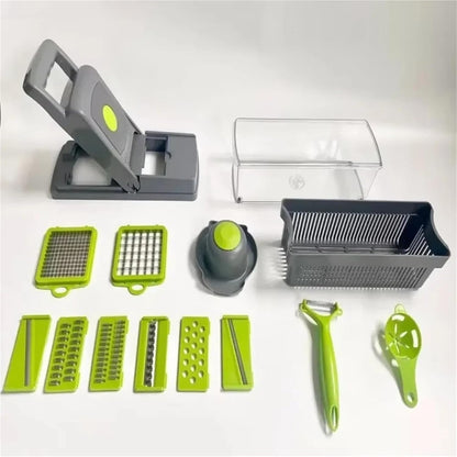 Kitchen Vegetable Cutter with Interchangeable Blades Carrot Grater Potato Peeler Slicer Tool with Storage Container Green2
