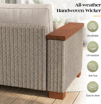 6-Piece Wicker Patio Furniture Set with Solid Wood Armrest, Outdoor Patio Set with Thick Legs, Uv-Resistant Modular Outdoor Sectional Sofa for Backyard, Porch, Garden6