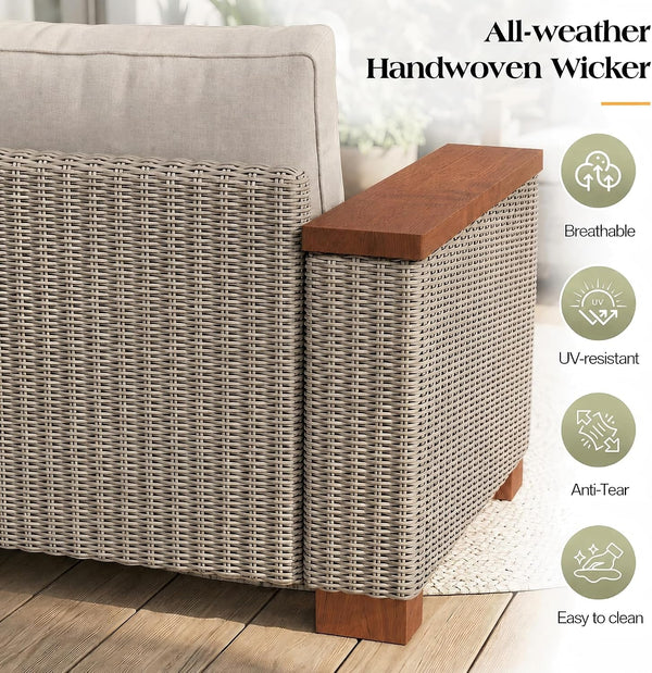 6-Piece Wicker Patio Furniture Set with Solid Wood Armrest, Outdoor Patio Set with Thick Legs, Uv-Resistant Modular Outdoor Sectional Sofa for Backyard, Porch, Garden6