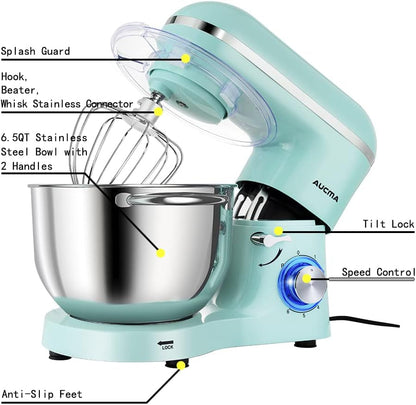 Stand Mixer,6.5-Qt 660W 6-Speed Tilt-Head Food Mixer, Kitchen Electric Mixer with Dough Hook, Wire Whip & Beater (Blue, 6.5QT)2