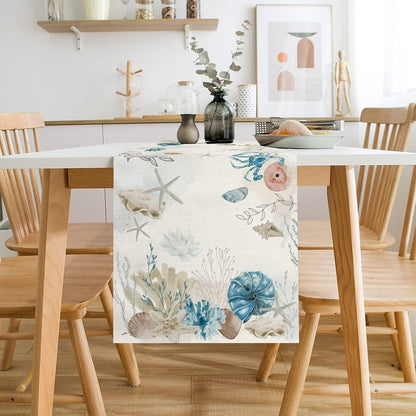 Blue Beach Table Runner Tropical Ocean Coastal Table Runners Seashell Burlap Seasonal Nautical Kitchen Dining Coffee Table Decor for Home Holiday Party Indoor Outdoor 13X72 Inch4