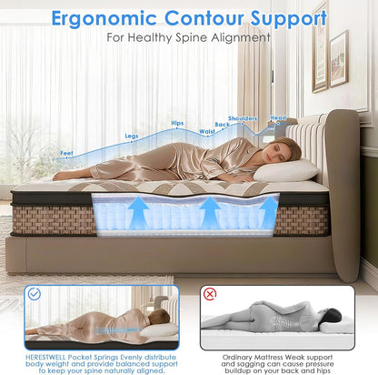 Queen Mattress 14 Inch, Hybrid Mattress in a Box, 7-Zone Motion Isolation6