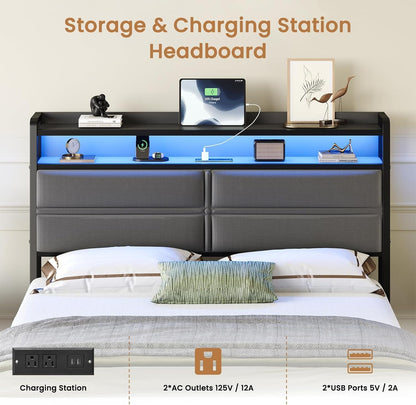 Full Bed Frame with LED Lights and Charging Station, Dark Grey5